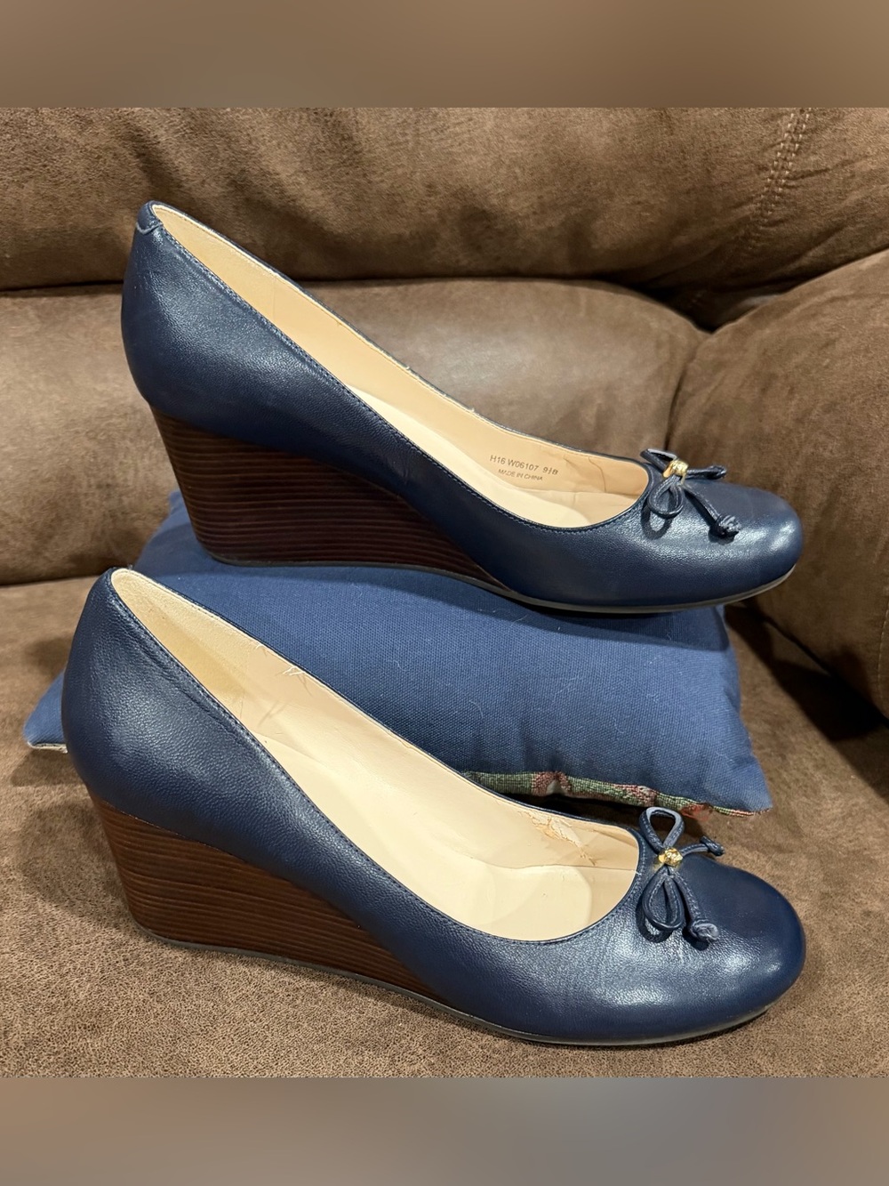 Cole Haan Navy Leather Bow Wedge Pumps
